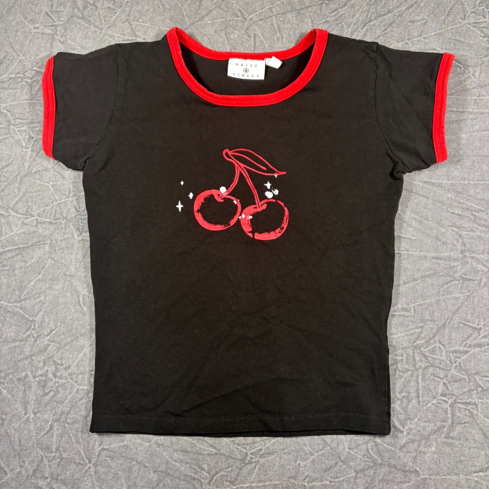 Daisy Street T-Shirt Women Medium Black Red Cherry Graphic Ringer Baby Tee Top